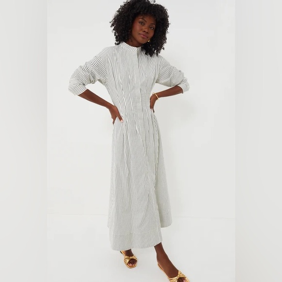 STAUD Lorenza Ivory Micro Stripe Shirt Midi Dress Button Front Size Small - Picture 2 of 15